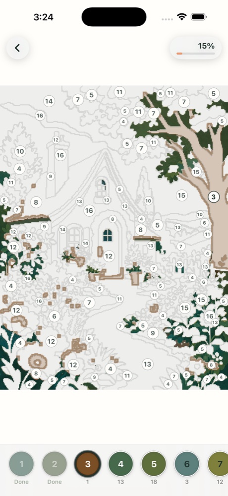 A cottage paint-by-number canvas in progress