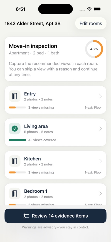 Guided move-in room checklist with progress and missing views