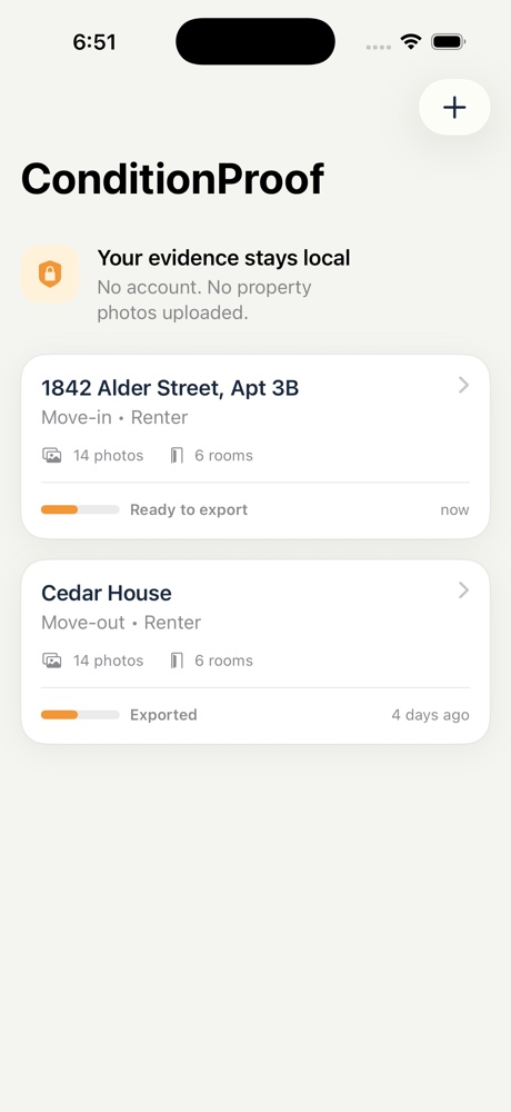 ConditionProof report list showing private on-device evidence