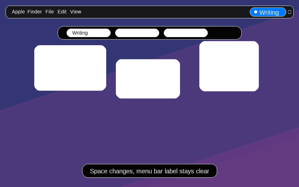 Animated demo: switch Mac Space, menu bar label changes, then rename the label with Option-Command-L.